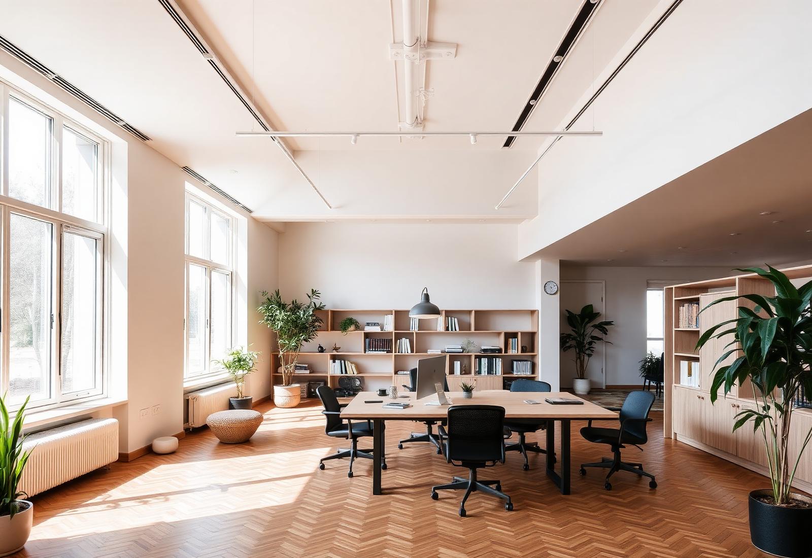Scandinavian office interior with warm wood and daylight